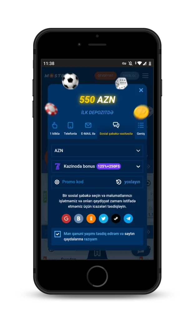 Registration by social networks Mostbet AZ